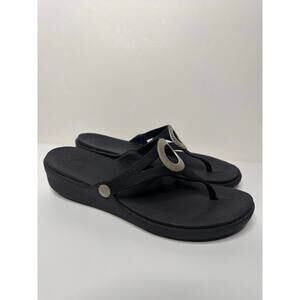 Crocs Womens Sanrah Silver Ring Wedge Sandals Black Flip Flop Thong Comfort 10